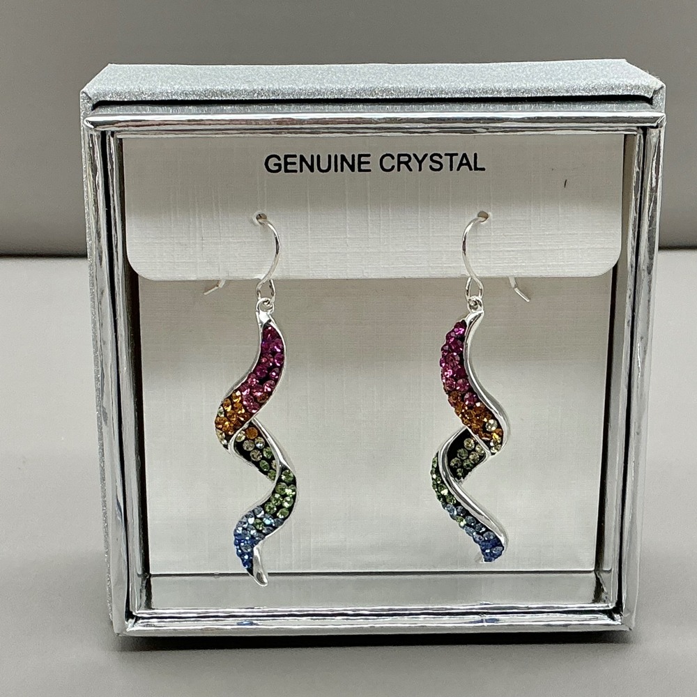 Genuine Crystal Spiral Drop Dangle Earrings Women Multicolor Rainbow Silver Tone